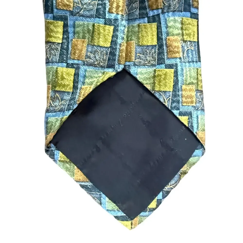 Vintage 90s Ermenegildo Zegna Blue Green Tan Squares 100% Silk Necktie Tie